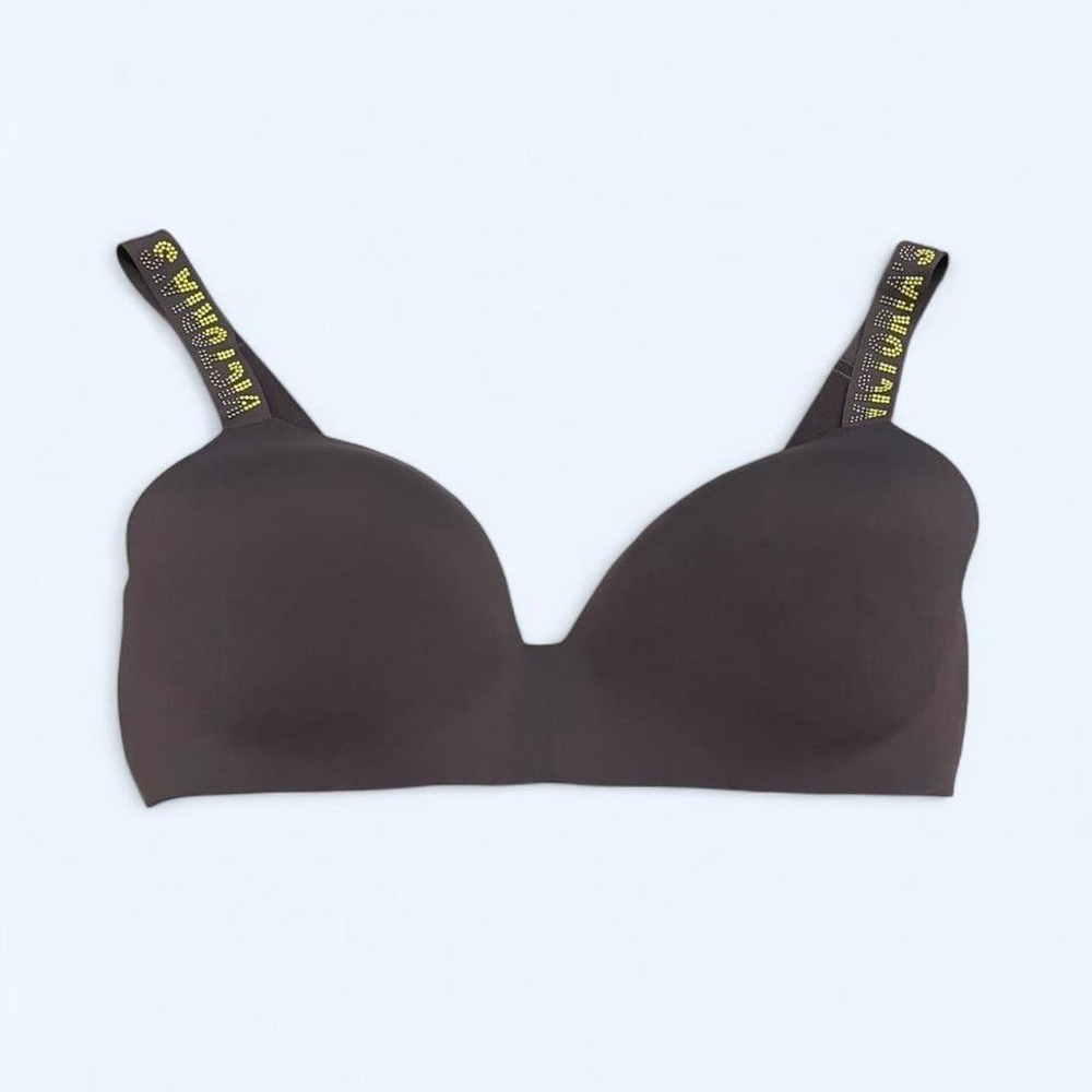 Gray t-shirt soft cup bra embellished logo straps size 38DD Victoria's Secret
